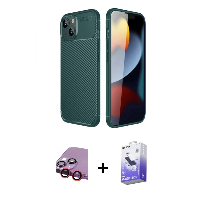 ieg™ iPhone 14 Kılıf Eksen Form Prime - Siyah Bilvis 5in1 5D Magic Hayalet Cam Ekran Koruyucu + Raze Metal Kamera Lens - KI
