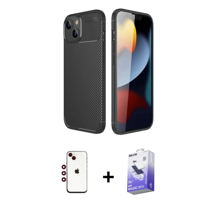 ieg™ iPhone 14 Kılıf Eksen Form Prime - Siyah Bilvis 5in1 5D Magic Hayalet Cam Ekran Koruyucu + Shine Kamera Lens - KI