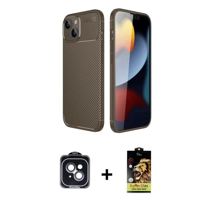 ieg™ iPhone 14 Kılıf Eksen Form Prime - Siyah Buffer Cam Ekran Koruyucu + PVD Metal Kamera Lens - SH