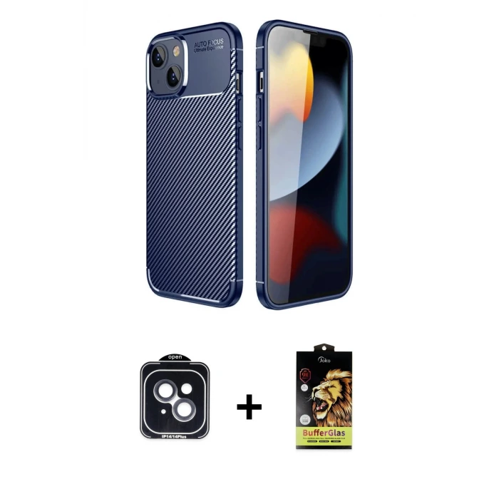 ieg™ iPhone 14 Kılıf Eksen Form Prime - Siyah Buffer Cam Ekran Koruyucu + PVD Metal Kamera Lens - SH
