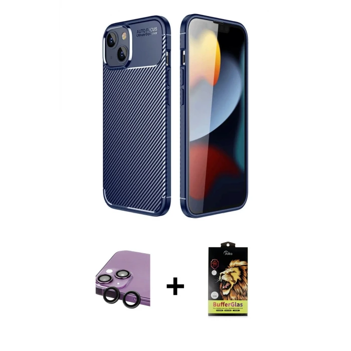 ieg™ iPhone 14 Kılıf Eksen Form Prime - Siyah Buffer Cam Ekran Koruyucu + Raze Metal Kamera Lens - SH