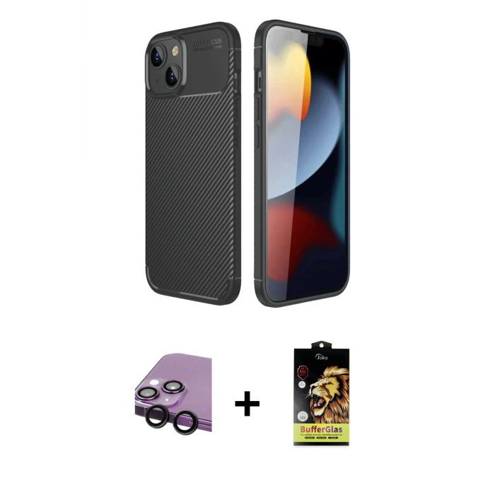 ieg™ iPhone 14 Kılıf Eksen Form Prime - Siyah Buffer Cam Ekran Koruyucu + Raze Metal Kamera Lens - SH