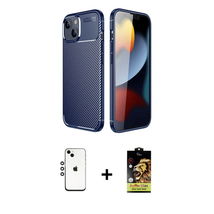 ieg™ iPhone 14 Kılıf Eksen Form Prime - Siyah Buffer Cam Ekran Koruyucu + Shine Kamera Lens - GS