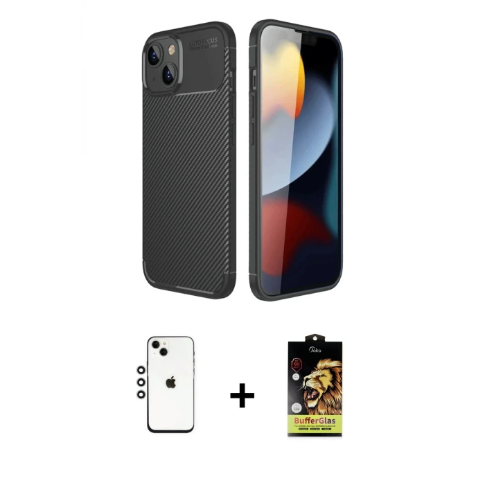 ieg™ iPhone 14 Kılıf Eksen Form Prime - Siyah Buffer Cam Ekran Koruyucu + Shine Kamera Lens - GS