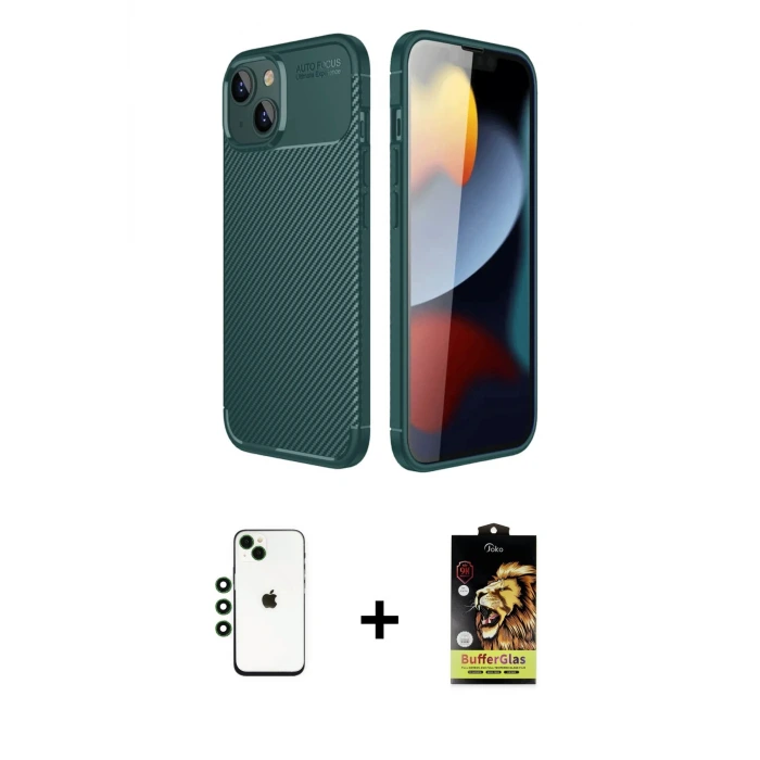 ieg™ iPhone 14 Kılıf Eksen Form Prime - Siyah Buffer Cam Ekran Koruyucu + Shine Kamera Lens - YL