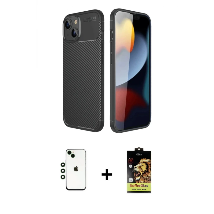 ieg™ iPhone 14 Kılıf Eksen Form Prime - Siyah Buffer Cam Ekran Koruyucu + Shine Kamera Lens - YL
