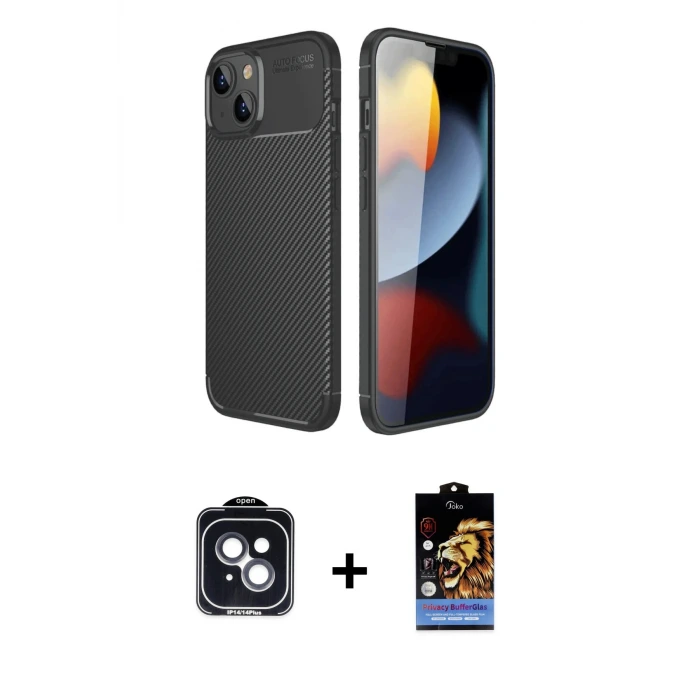 ieg™ iPhone 14 Kılıf Eksen Form Prime - Siyah Buffer Hayalet Cam Ekran Koruyucu + PVD Metal Kamera Lens - SH