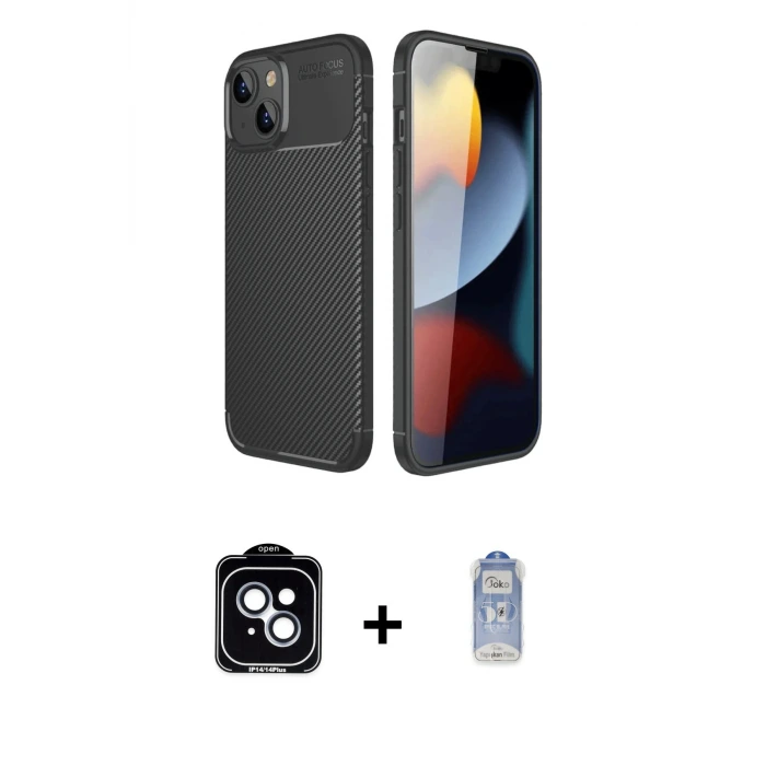 ieg™ iPhone 14 Kılıf Eksen Form Prime - Siyah Joko Magic 5D Cam + PVD Metal Kamera Lens - MI