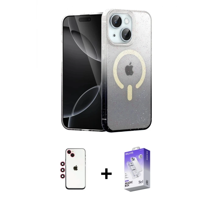 ieg™ iPhone 14 Kılıf Eksen Minimal Özel Seri - Siyah Bilvis 5in1 3D Magic Cam Ekran Koruyucu + Shine Kamera Lens - KI
