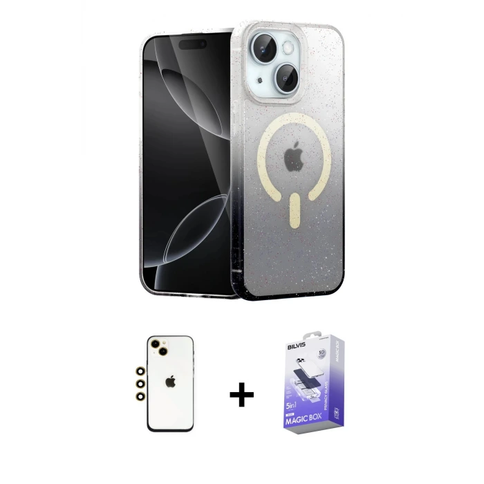 ieg™ iPhone 14 Kılıf Eksen Minimal Özel Seri - Siyah Bilvis 5in1 5D Magic Hayalet Cam Ekran Koruyucu + Shine Kamera Lens - GD