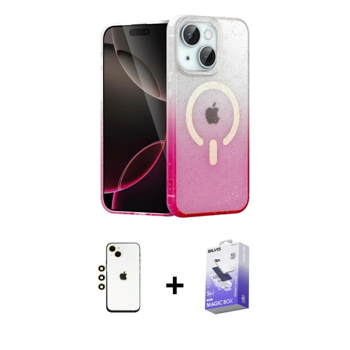 ieg™ iPhone 14 Kılıf Eksen Minimal Özel Seri - Siyah Bilvis 5in1 5D Magic Hayalet Cam Ekran Koruyucu + Shine Kamera Lens - GD