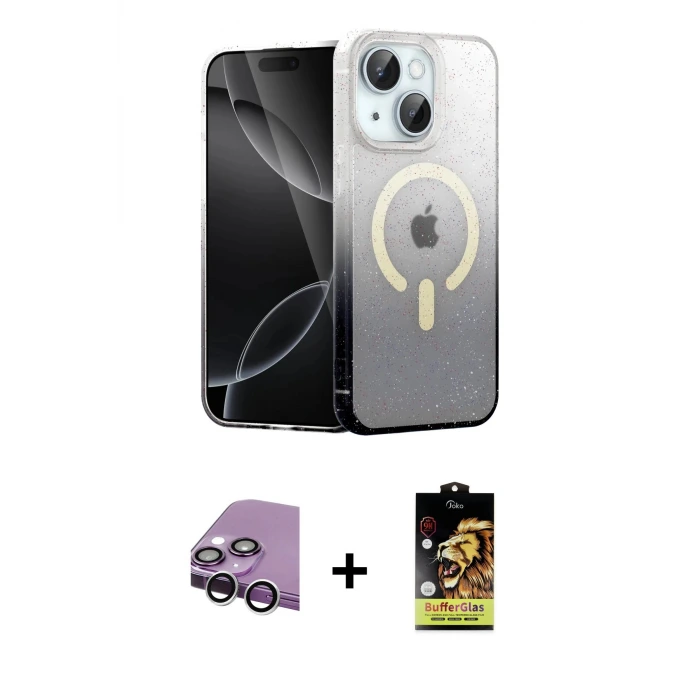 ieg™ iPhone 14 Kılıf Eksen Minimal Özel Seri - Siyah Buffer Cam Ekran Koruyucu + Raze Metal Kamera Lens - GS