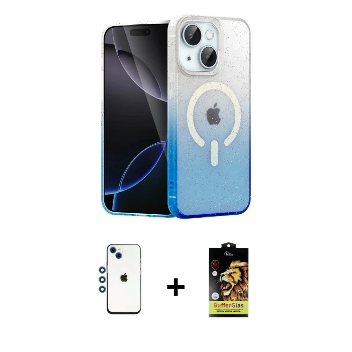 ieg™ iPhone 14 Kılıf Eksen Minimal Özel Seri - Siyah Buffer Cam Ekran Koruyucu + Shine Kamera Lens - MI