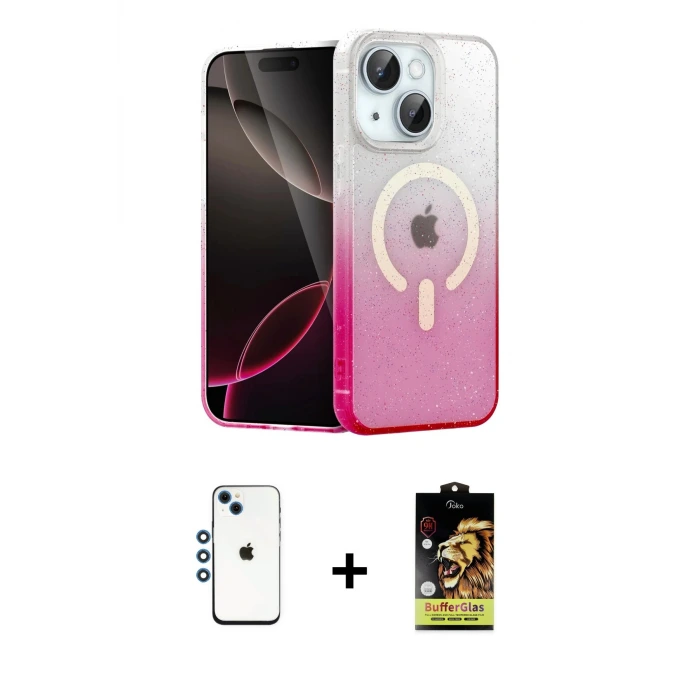 ieg™ iPhone 14 Kılıf Eksen Minimal Özel Seri - Siyah Buffer Cam Ekran Koruyucu + Shine Kamera Lens - MI