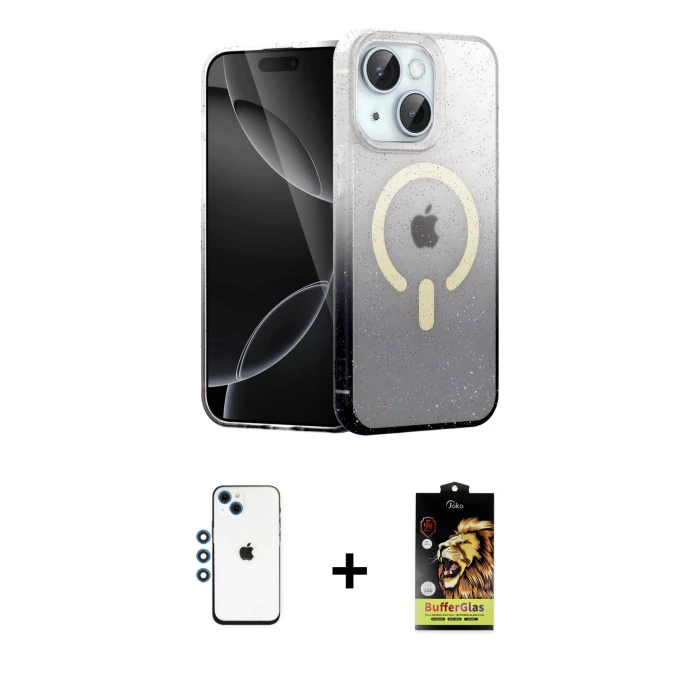 ieg™ iPhone 14 Kılıf Eksen Minimal Özel Seri - Siyah Buffer Cam Ekran Koruyucu + Shine Kamera Lens - MI