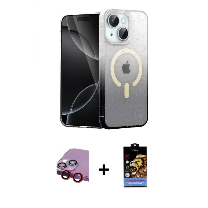 ieg™ iPhone 14 Kılıf Eksen Minimal Özel Seri - Siyah Buffer Hayalet Cam Ekran Koruyucu + Raze Metal Kamera Lens - KI