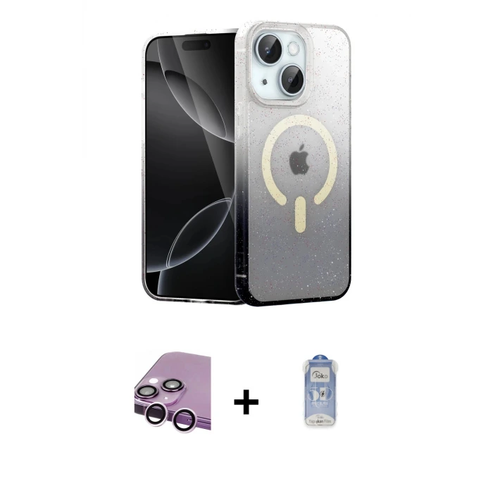 ieg™ iPhone 14 Kılıf Eksen Minimal Özel Seri - Siyah Joko Magic 5D Cam + Raze Metal Kamera Lens - MR