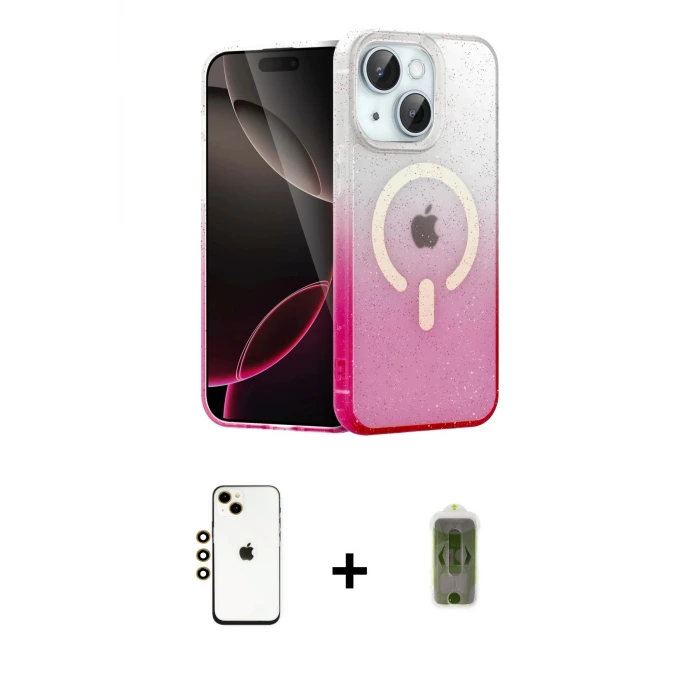 ieg™ iPhone 14 Kılıf Eksen Minimal Özel Seri - Siyah Joko Magic 5D Hayalet Cam + Shine Kamera Lens - GD