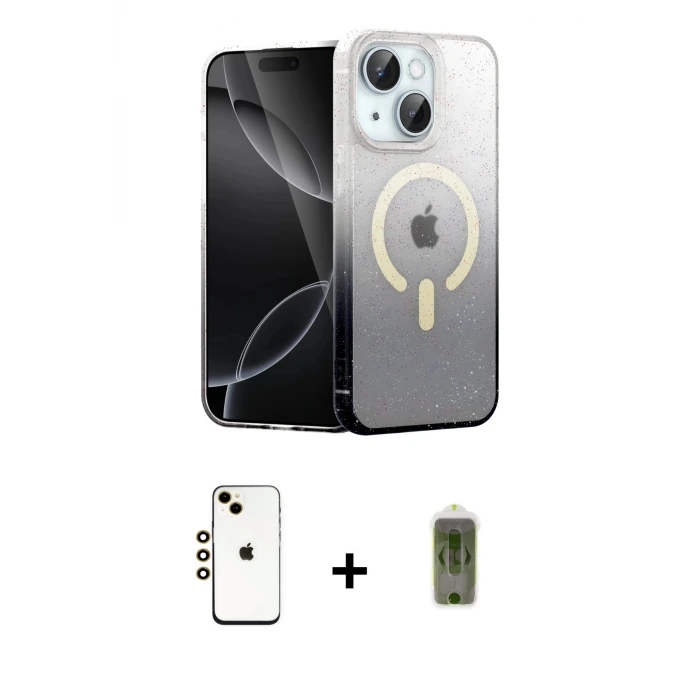 ieg™ iPhone 14 Kılıf Eksen Minimal Özel Seri - Siyah Joko Magic 5D Hayalet Cam + Shine Kamera Lens - GD