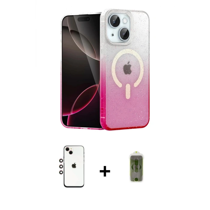 ieg™ iPhone 14 Kılıf Eksen Minimal Özel Seri - Siyah Joko Magic 5D Hayalet Cam + Shine Kamera Lens - GI