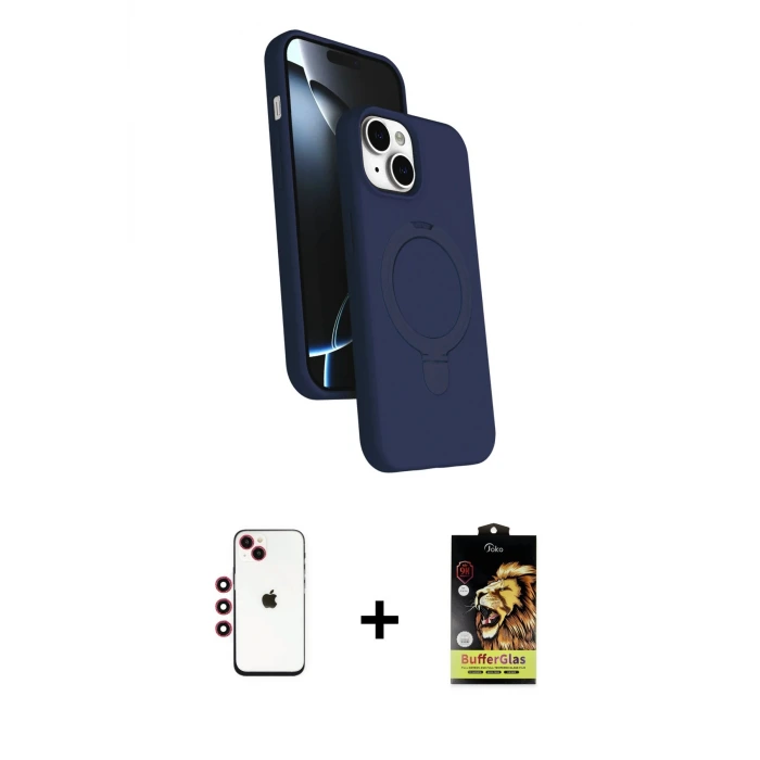 ieg™ iPhone 14 Kılıf İz Işık Koleksiyonu - Siyah Buffer Cam Ekran Koruyucu + Shine Kamera Lens - KI