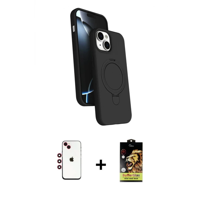ieg™ iPhone 14 Kılıf İz Işık Koleksiyonu - Siyah Buffer Cam Ekran Koruyucu + Shine Kamera Lens - KI