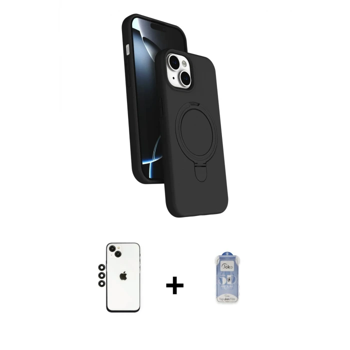 ieg™ iPhone 14 Kılıf İz Işık Koleksiyonu - Siyah Joko Magic 5D Cam + Shine Kamera Lens - SH