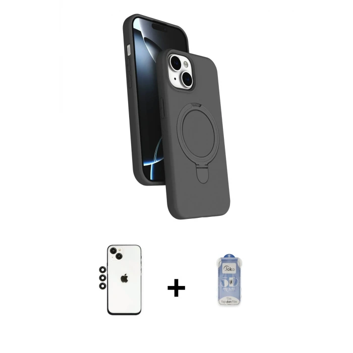 ieg™ iPhone 14 Kılıf İz Işık Koleksiyonu - Siyah Joko Magic 5D Cam + Shine Kamera Lens - SH