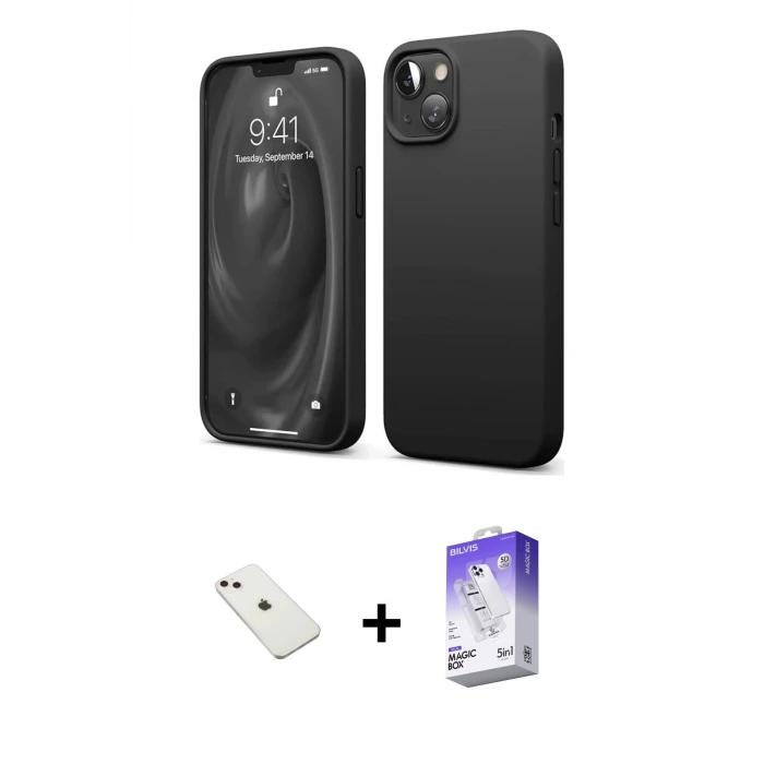 ieg™ iPhone 14 Kılıf Kozmos Yansıma Özel Seri - Siyah Bilvis 5in1 3D Magic Cam Ekran Koruyucu + Diamond Kamera Lens - PE