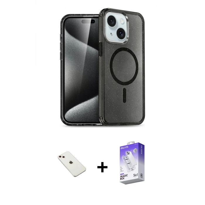 ieg™ iPhone 14 Kılıf Nova Asil Prime - Siyah Bilvis 5in1 3D Magic Cam Ekran Koruyucu + Diamond Kamera Lens - PE