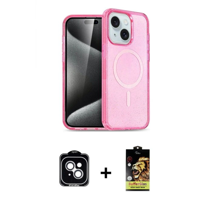 ieg™ iPhone 14 Kılıf Nova Asil Prime - Siyah Buffer Cam Ekran Koruyucu + PVD Metal Kamera Lens - GS