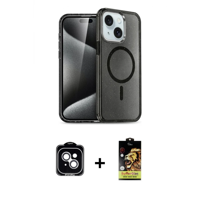 ieg™ iPhone 14 Kılıf Nova Asil Prime - Siyah Buffer Cam Ekran Koruyucu + PVD Metal Kamera Lens - GS