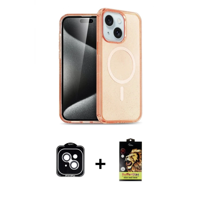 ieg™ iPhone 14 Kılıf Nova Asil Prime - Siyah Buffer Cam Ekran Koruyucu + PVD Metal Kamera Lens - GS