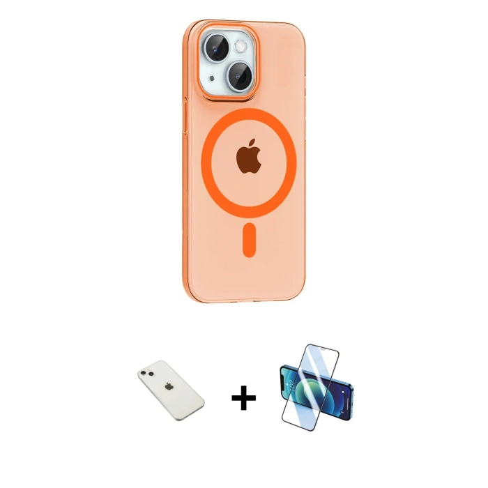 ieg™ iPhone 14 Kılıf Pusula Form Özel Seri - Siyah 3D Antistatik Cam Ekran Koruyucu + Diamond Kamera Lens - SABE