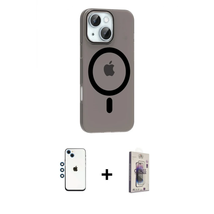 ieg™ iPhone 14 Kılıf Pusula Form Özel Seri - Siyah Bilvis 3D Cam Ekran Koruyucu + Shine Kamera Lens - MI
