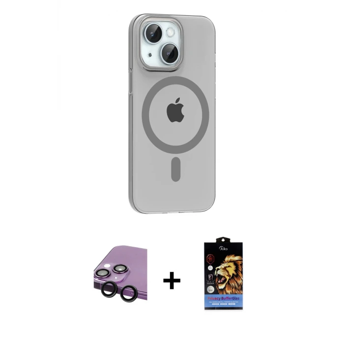 ieg™ iPhone 14 Kılıf Pusula Form Özel Seri - Siyah Buffer Hayalet Cam Ekran Koruyucu + Raze Metal Kamera Lens - SH