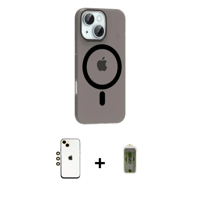 ieg™ iPhone 14 Kılıf Pusula Form Özel Seri - Siyah Joko Magic 5D Hayalet Cam + Shine Kamera Lens - GD