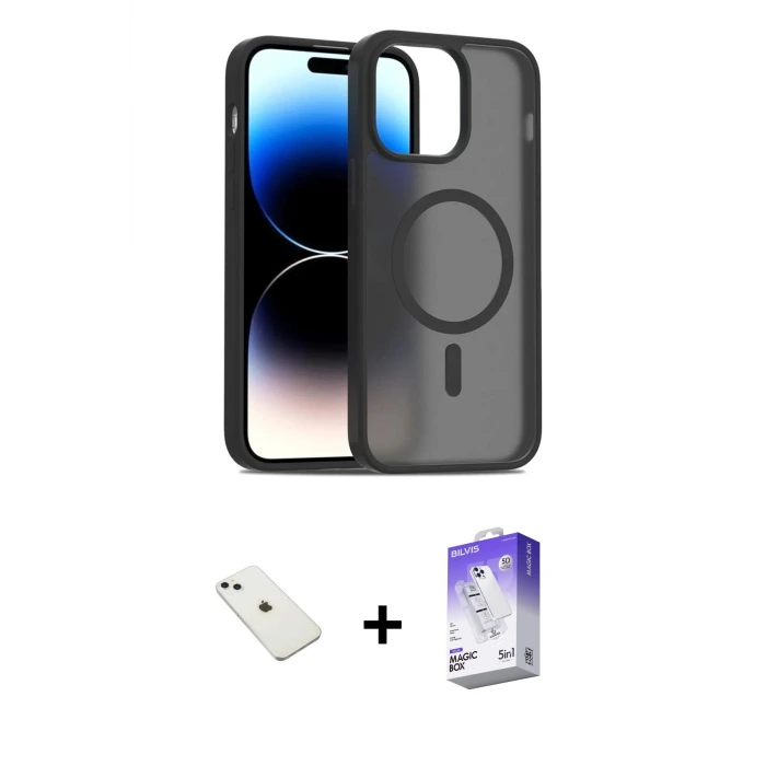 ieg™ iPhone 14 Kılıf Siluet Minimal Prime - Siyah Bilvis 5in1 3D Magic Cam Ekran Koruyucu + Diamond Kamera Lens - SABE