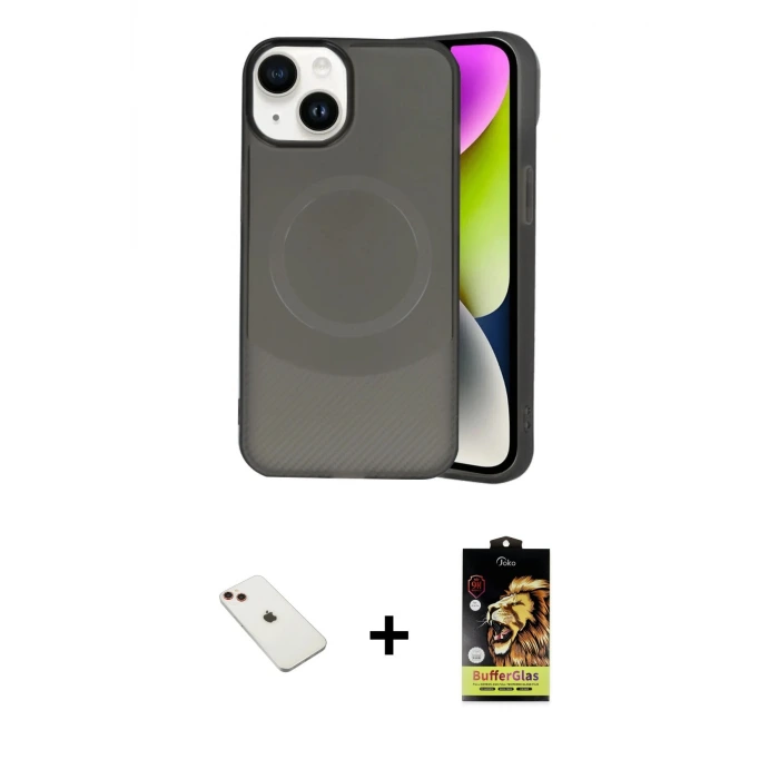 ieg™ iPhone 14 Kılıf Ufuk Serisi - Siyah Buffer Cam Ekran Koruyucu + Diamond Kamera Lens - KI