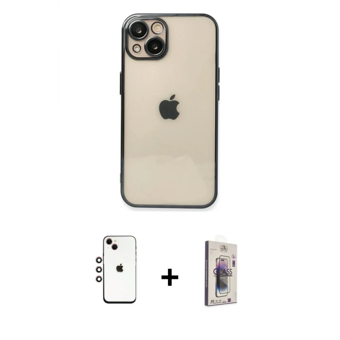 ieg™ iPhone 14 Kılıf Vadi Minimal - Siyah Bilvis 3D Cam Ekran Koruyucu + Shine Kamera Lens - GI
