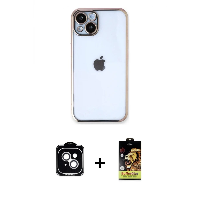 ieg™ iPhone 14 Kılıf Vadi Minimal - Siyah Buffer Cam Ekran Koruyucu + PVD Metal Kamera Lens - GS