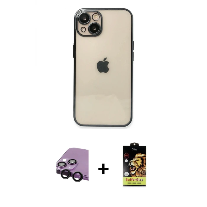 ieg™ iPhone 14 Kılıf Vadi Minimal - Siyah Buffer Cam Ekran Koruyucu + Raze Metal Kamera Lens - SH