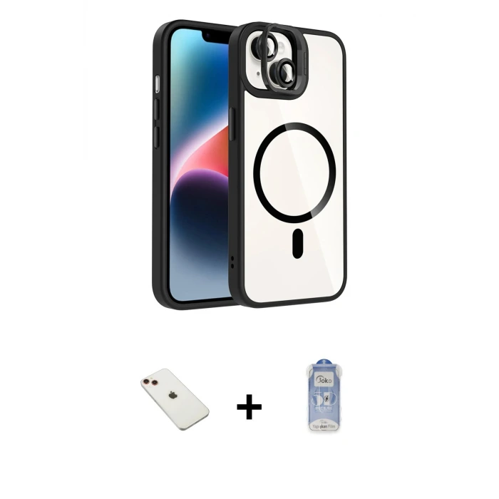 ieg™ iPhone 14 Kılıf Yadigar Asil Koleksiyonu - Siyah Joko Magic 5D Cam + Diamond Kamera Lens - KI