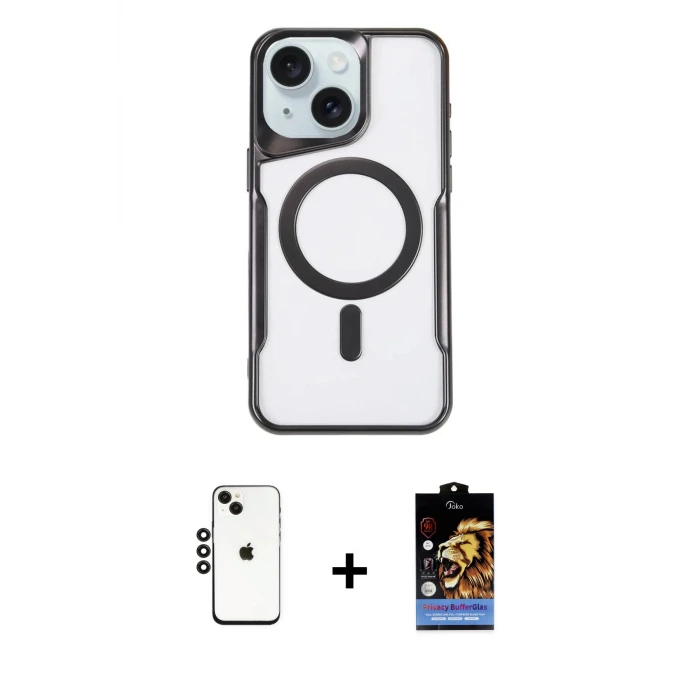 ieg™ iPhone 14 Kılıf Yadigar Klasik Özel Seri - Siyah Buffer Hayalet Cam Ekran Koruyucu + Shine Kamera Lens - SH