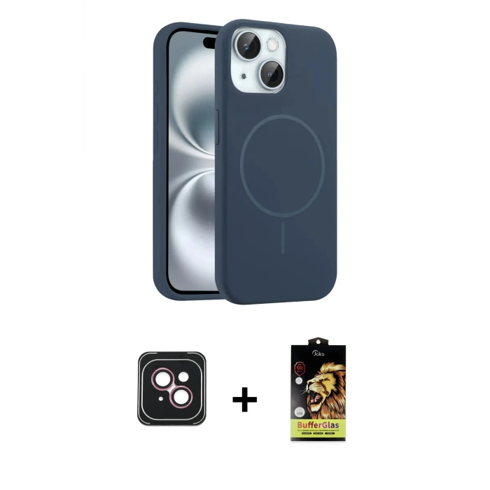 ieg™ iPhone 14 Kılıf Yankı Form Serisi - Siyah Buffer Cam Ekran Koruyucu + PVD Metal Kamera Lens - PE