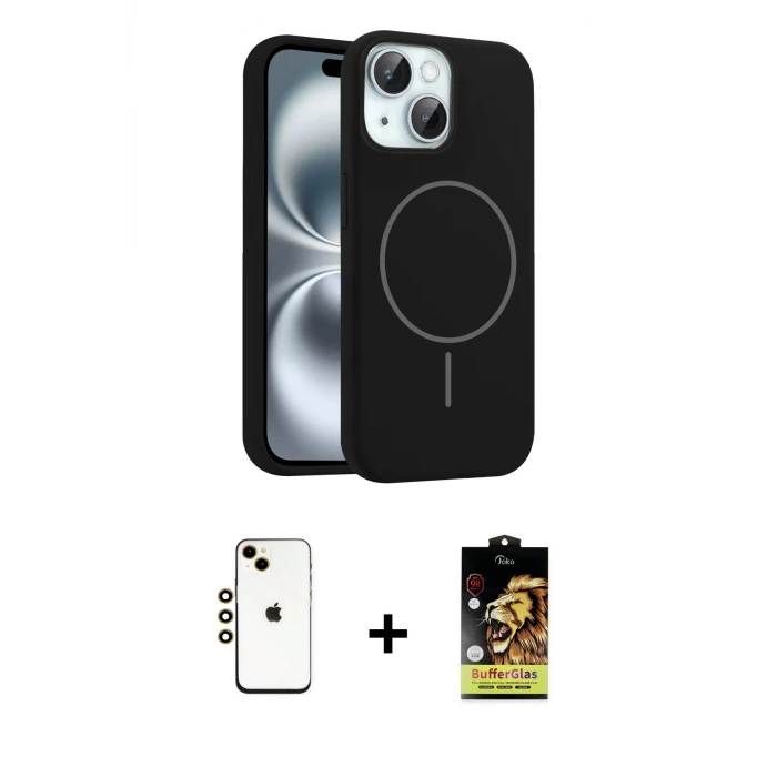 ieg™ iPhone 14 Kılıf Yankı Form Serisi - Siyah Buffer Cam Ekran Koruyucu + Shine Kamera Lens - GD