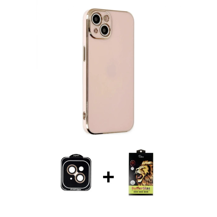 ieg™ iPhone 14 Kılıf Yankı Serisi - Siyah Buffer Cam Ekran Koruyucu + PVD Metal Kamera Lens - TU