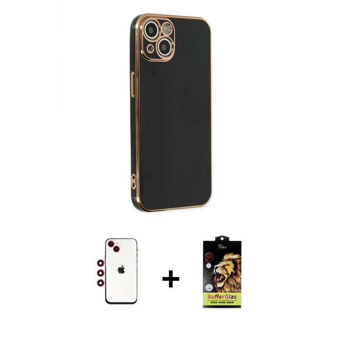 ieg™ iPhone 14 Kılıf Yankı Serisi - Siyah Buffer Cam Ekran Koruyucu + Shine Kamera Lens - KI