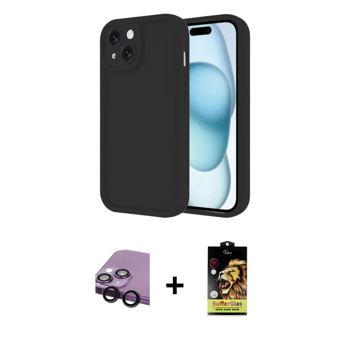 ieg™ iPhone 14 Kılıf Yankı Yansıma Özel Seri - Siyah Buffer Cam Ekran Koruyucu + Raze Metal Kamera Lens - SH