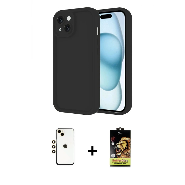 ieg™ iPhone 14 Kılıf Yankı Yansıma Özel Seri - Siyah Buffer Cam Ekran Koruyucu + Shine Kamera Lens - GD